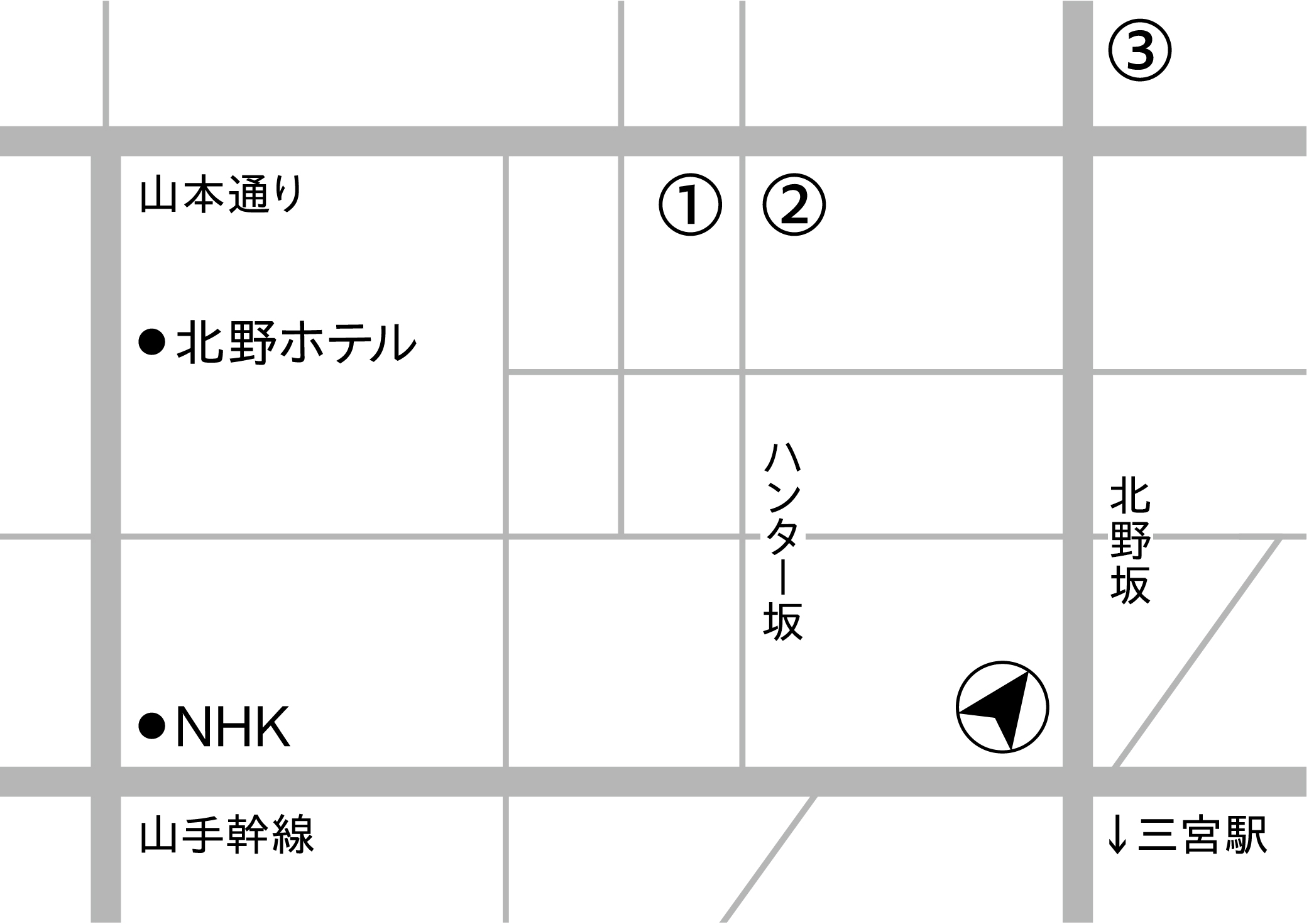 KOBE ART SALONE 会場エリア地図(北野・三宮)— ①ROSE GARDEN ②KITANO Alley ③Rin's gallery